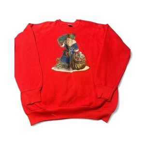 Vtg 90s Santa Christmas Sweatshirt Red Appliqué Size Large Fruit Of The‎ Loom